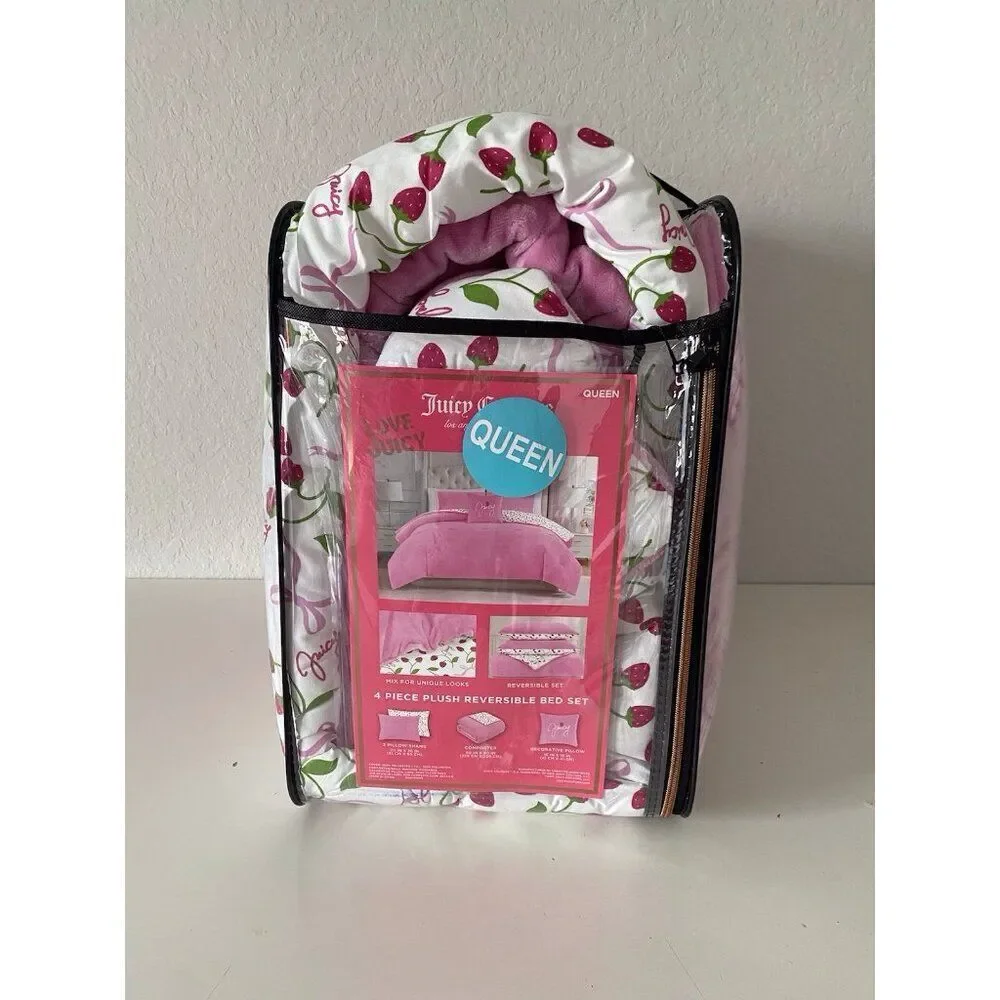 4 Pc Juicy Couture QUEEN Reversible Comforter Set Plush Pink Strawberries & Bows
